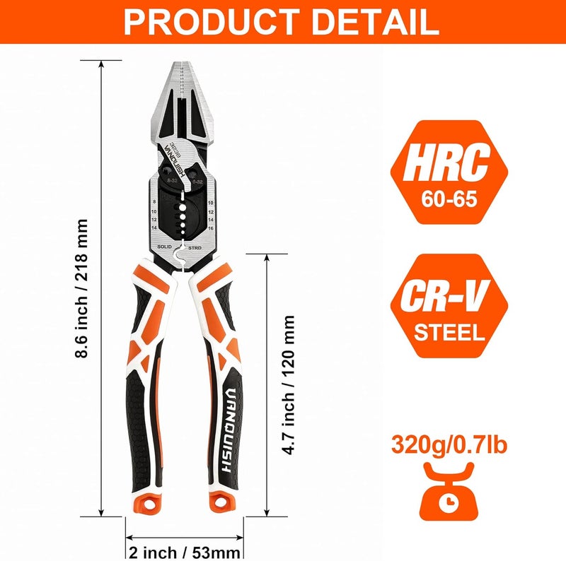 Vanquish 8-in-1 Linesman Pliers, 8’’ Multipurpose Combination Pliers Wire Cutter/Crimper/Stripper, CRV Steel Hand Tool, Heavy Duty Side-Cutting Pliers for Crimping, Stripping, Shearing, Screwing, 3238 - Image 2